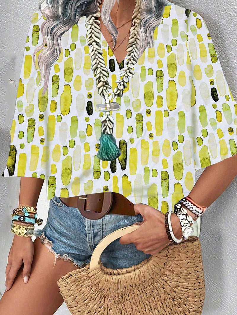 EMERY ROSE Camisa de mujer con cuello en V impresionado y mangas 3/4 para primavera/verano