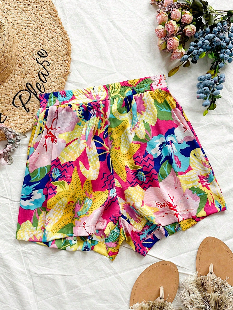 WYWH Pantalones cortos de linea A anchos de cintura elastica con estampado floral colorido y casual para mujeres de vacaciones en la playa tropical de verano WYWH