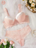 Set de sujetador de encaje con cable y panties con detalles de lazo, 1 pieza/set