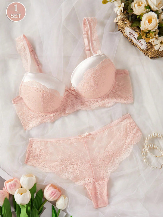 Set de sujetador de encaje con cable y panties con detalles de lazo, 1 pieza/set