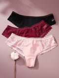 3 piezas/set tanga sexy de cintura baja con encaje calado en contraste ropa interior