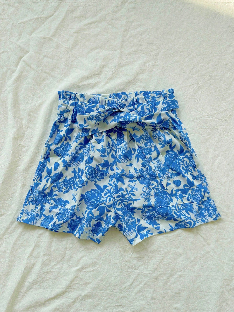 WYWH Shorts de flores para mujer para vacaciones con corbata en la cintura, corte holgado y estilo casual