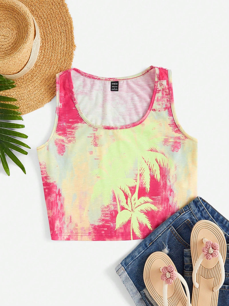 Camiseta De Tirantes Tejida Con Diseno De Tenido Anudado Y Estampado De Arbol De Palma Tematico De Vacaciones Para Mujeres