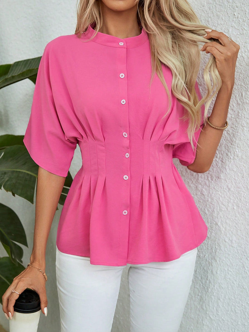 LUNE Blusa elegante de verano para mujer en unicolor con cuello alto, mangas de murcielago y dobladillo con volantes