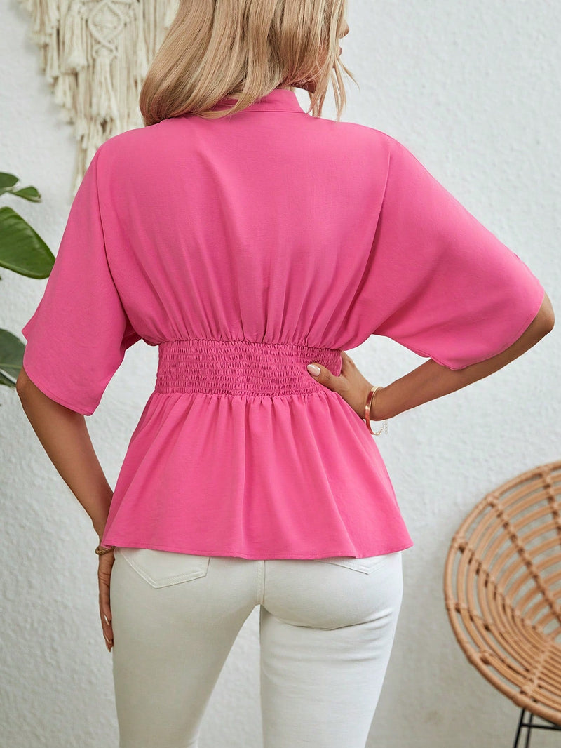 LUNE Blusa elegante de verano para mujer en unicolor con cuello alto, mangas de murcielago y dobladillo con volantes