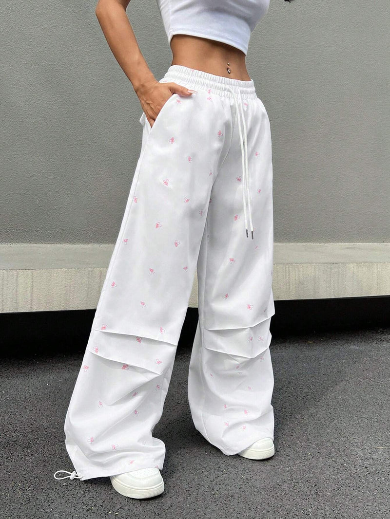 NEW  EZwear Pantalones anchos casuales para mujer con estampado floral y cintura ajustable con cordon