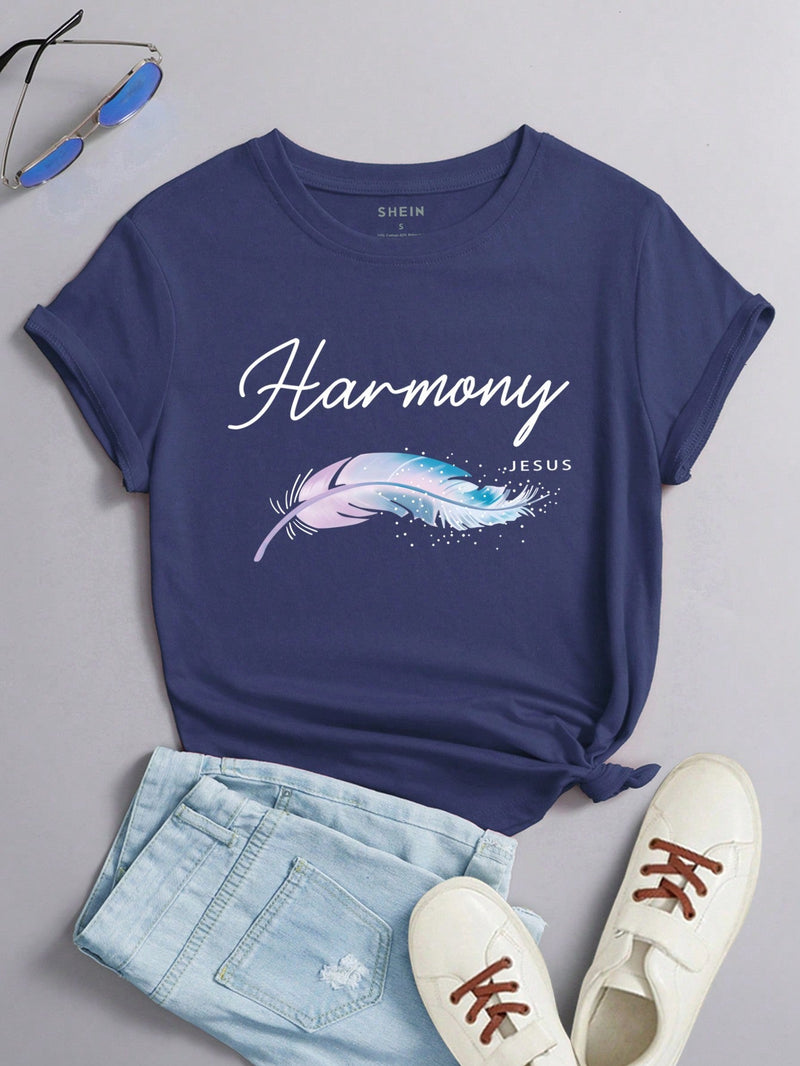 Essnce Camiseta casual de verano para mujer con letra estampada de plumas y cuello redondo de manga corta