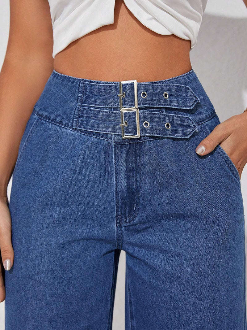 Essnce Jeans holgados de pierna ancha para mujer con boton a presion y diseno de bolsillos en la cintura