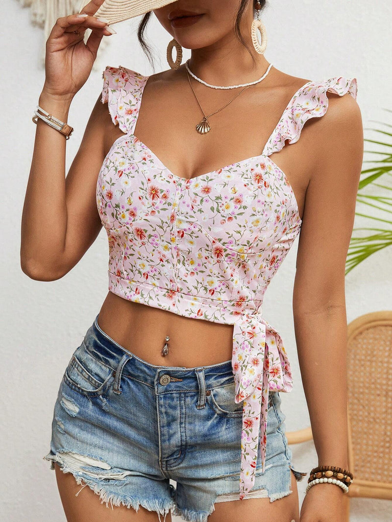 VCAY Blusa corta floral con lazada en la cintura y mangas cortas con volantes para mujer en verano de vacaciones