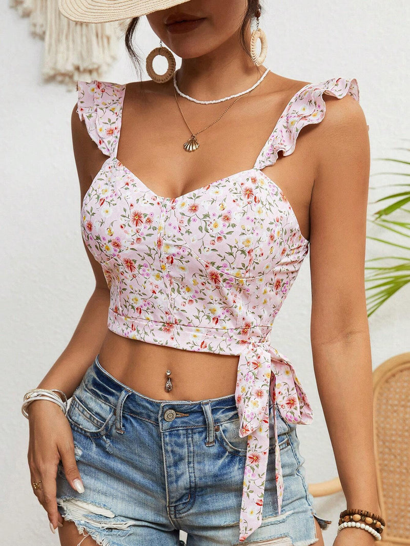 VCAY Blusa corta floral con lazada en la cintura y mangas cortas con volantes para mujer en verano de vacaciones