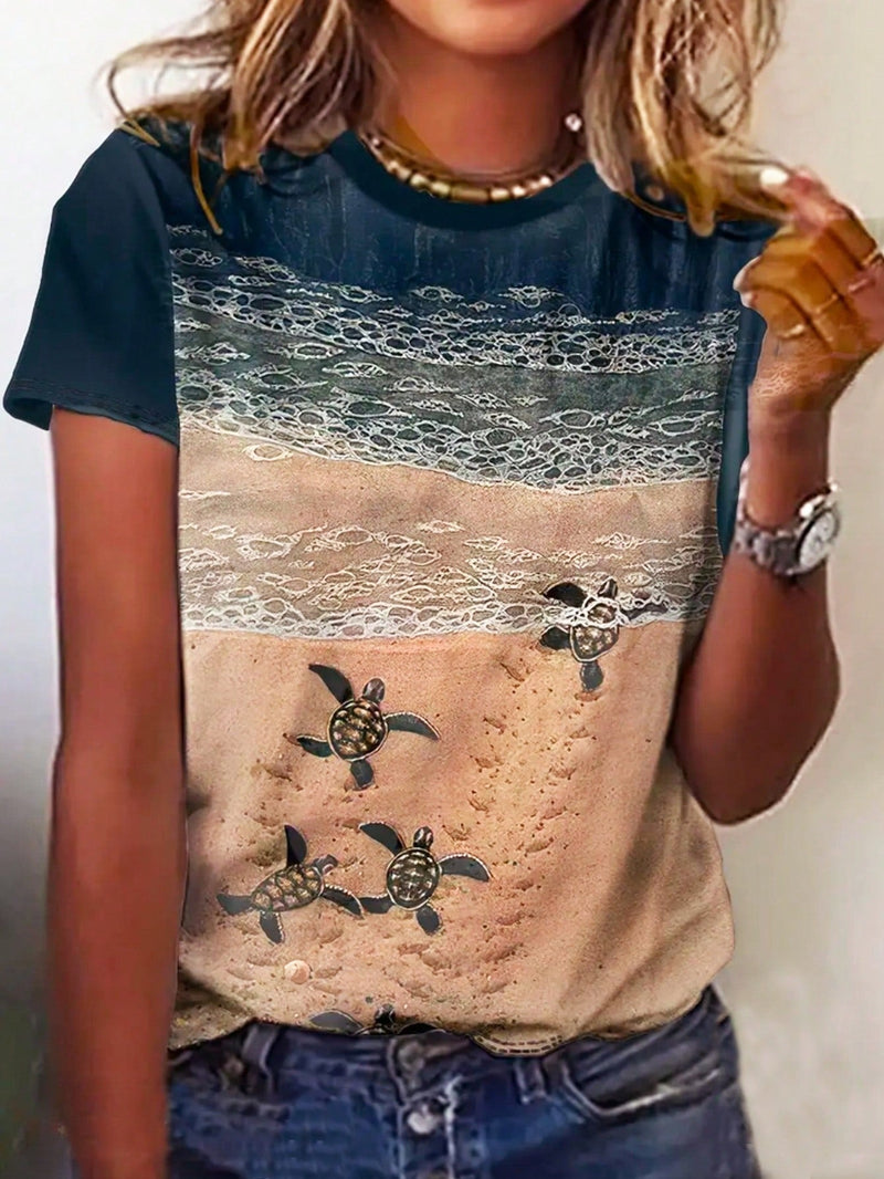 Camiseta de mujer de verano casual de cuello redondo de manga corta con estampado de tortuga