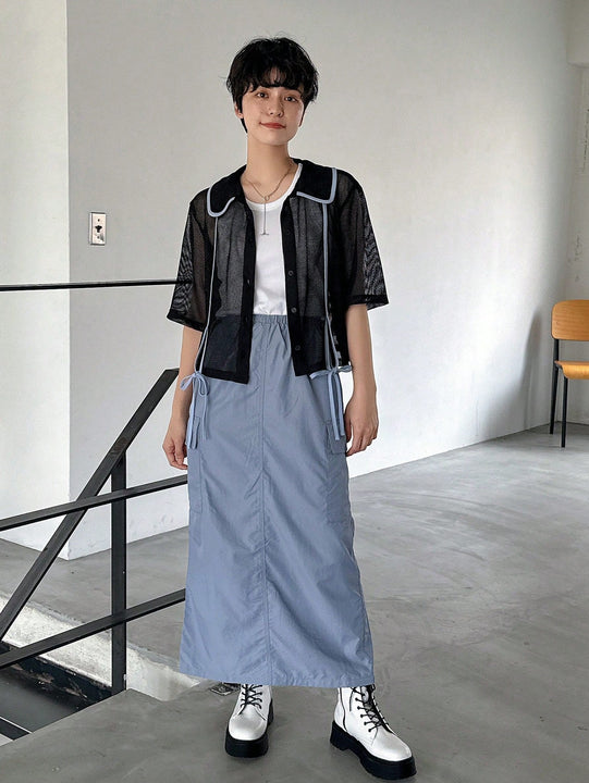 FRIFUL Camisa de malla para mujer con cuello de solapa doblada, huecos en el tejido y bloques de color