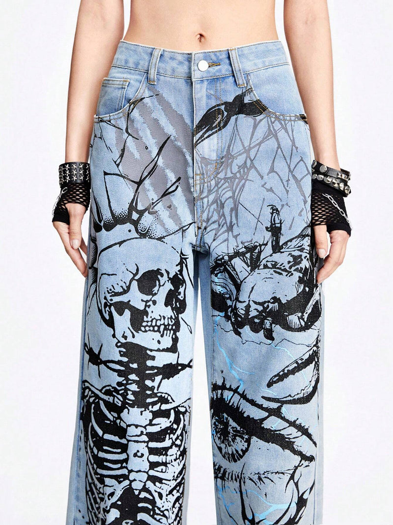 ROMWE Grunge Punk Jeans de mezclilla holgados y de pierna ancha con lavado azul claro en un estilo callejero fresco con patrones impresos de llama, ojo, escorpion, arana, calavera y relampago