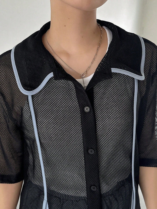 FRIFUL Camisa de malla para mujer con cuello de solapa doblada, huecos en el tejido y bloques de color