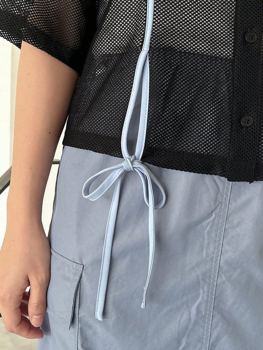 FRIFUL Camisa de malla para mujer con cuello de solapa doblada, huecos en el tejido y bloques de color