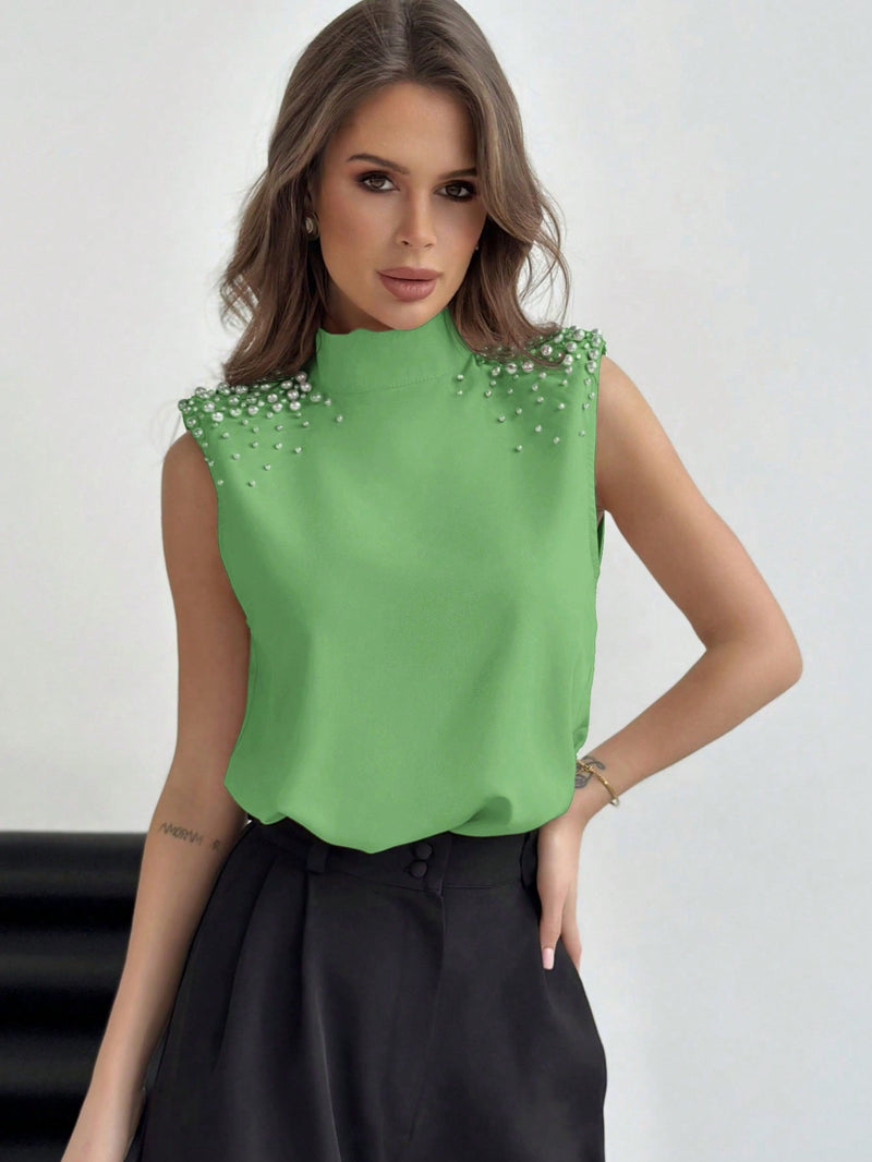 Prive Blusa sin mangas de verano para mujer con decoracion de perlas falsas, cuello de soporte y hombreras