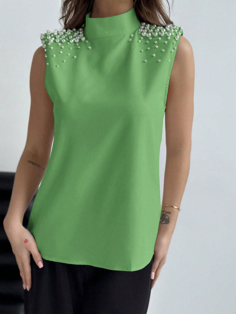 Prive Blusa sin mangas de verano para mujer con decoracion de perlas falsas, cuello de soporte y hombreras