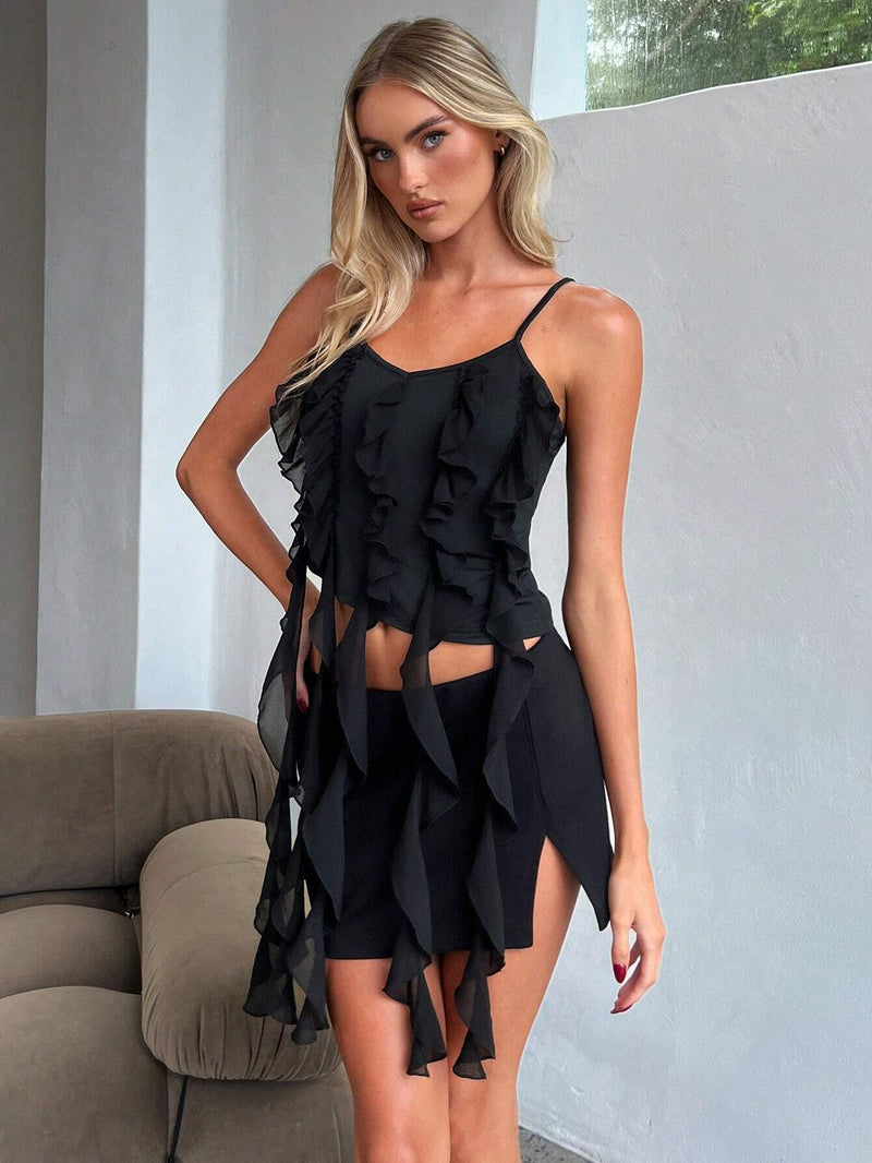 Aloruh Top de camisola negro con tirantes de volantes para combinar con el verano/primavera diariamente