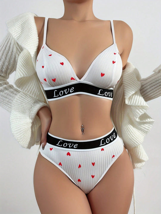Conjunto de lenceria con estampado de corazon, comodo conjunto de sujetador y braga para verano