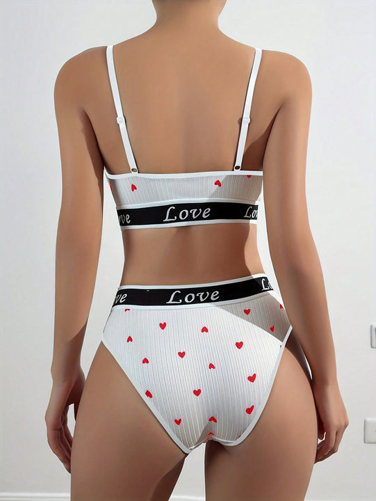 Conjunto de lenceria con estampado de corazon, comodo conjunto de sujetador y braga para verano