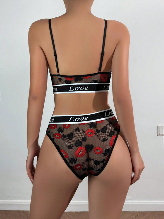 Conjunto de sujetador para mujer, encaje con diseno hueco y estampado de labios, con panty triangular sexy y comodo
