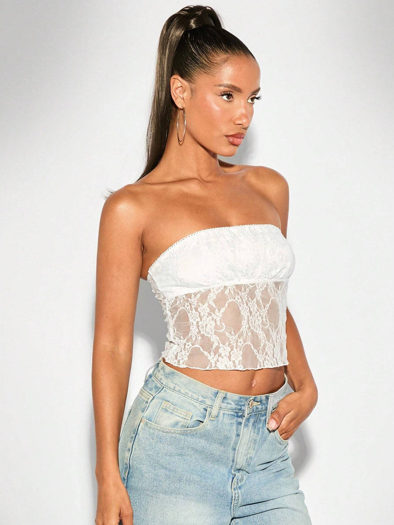 BAE Top femenino sin tirantes con detalle de encaje fruncido, unicolor, perfecto para uso diario en primavera/verano, cocteles, fiestas de chicas, festividades, crop tops de verano, crop top blanco y top tubo blanco