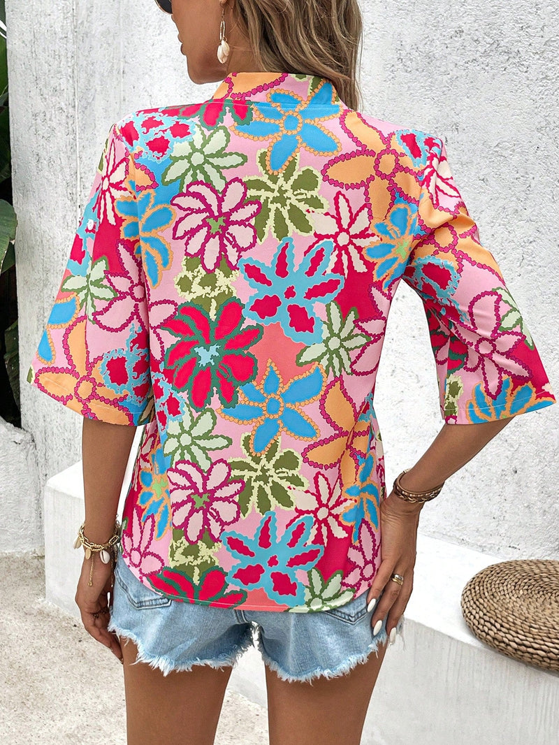 VCAY Camisa estampada con cuello en V informal para vacaciones de primavera/verano