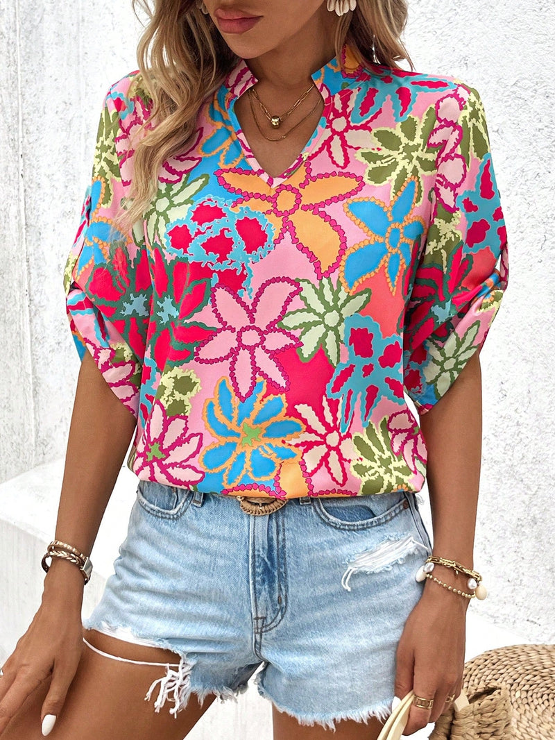 VCAY Camisa estampada con cuello en V informal para vacaciones de primavera/verano