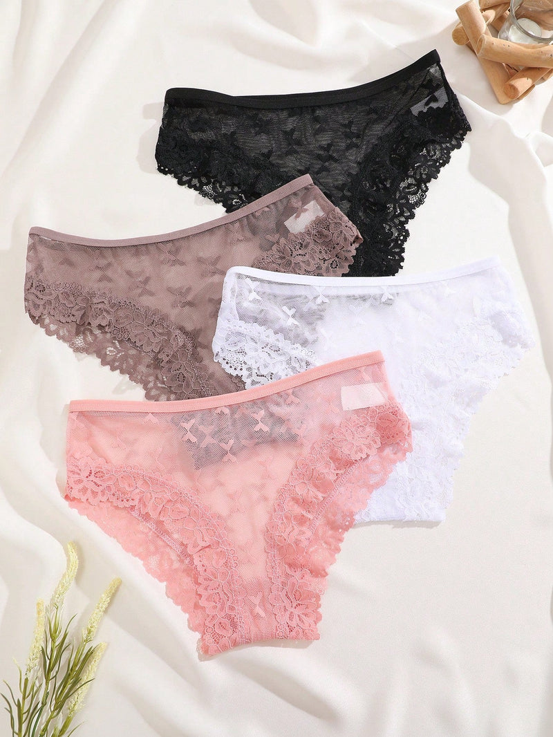 FINETOO Conjunto de 4 piezas de ropa interior sexy para mujer con patron de mariposa completa de encaje de tanga