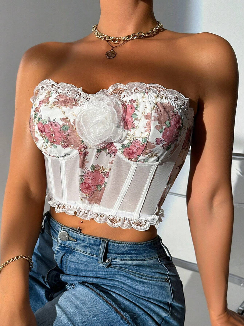 BAE Blusa de encaje con parches y adornos florales en 3D, sin tirantes para damas