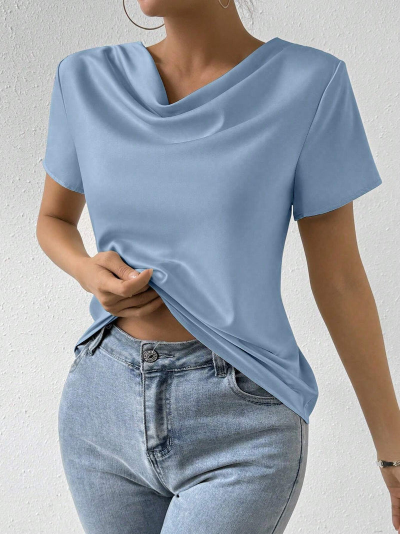 Camisa elegante de verano de manga corta para mujer con cuello drapeado y unicolor