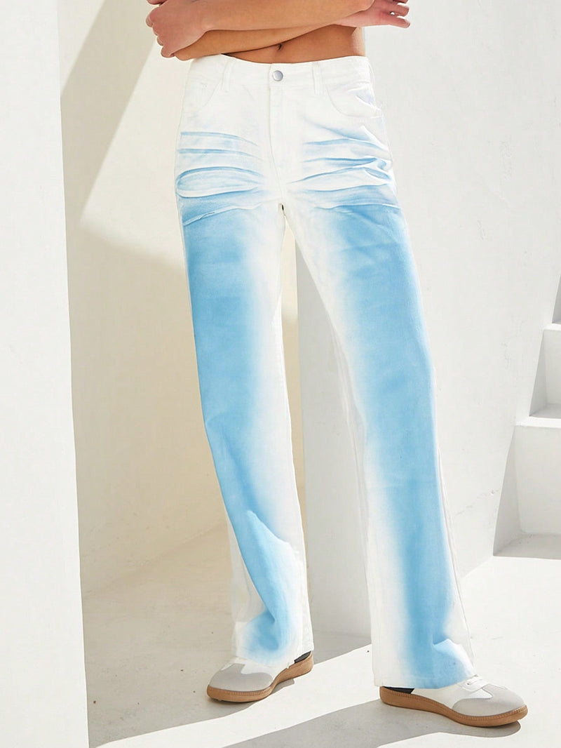 Forever 21 Jeans informales de pierna ancha con degradado tenido en tonos azules y blancos