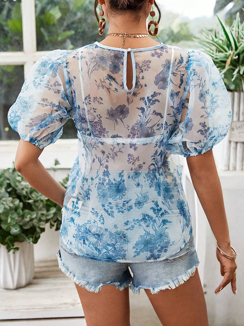 Blusa holgada de manga corta con estilo vacacional para mujer, con tejido de tela de brodshcloth tejido y cuello redondo