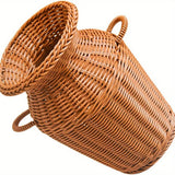 Jarrón de imitación ratán en forma de cuerno vintage, maceta alta de plástico tejido para arreglos florales