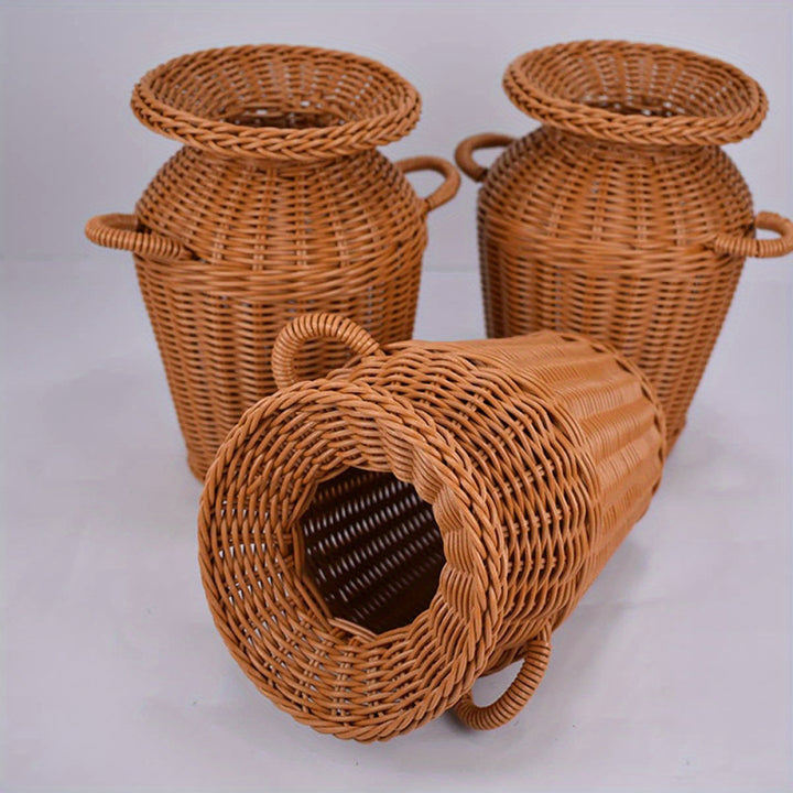 Jarrón de imitación ratán en forma de cuerno vintage, maceta alta de plástico tejido para arreglos florales