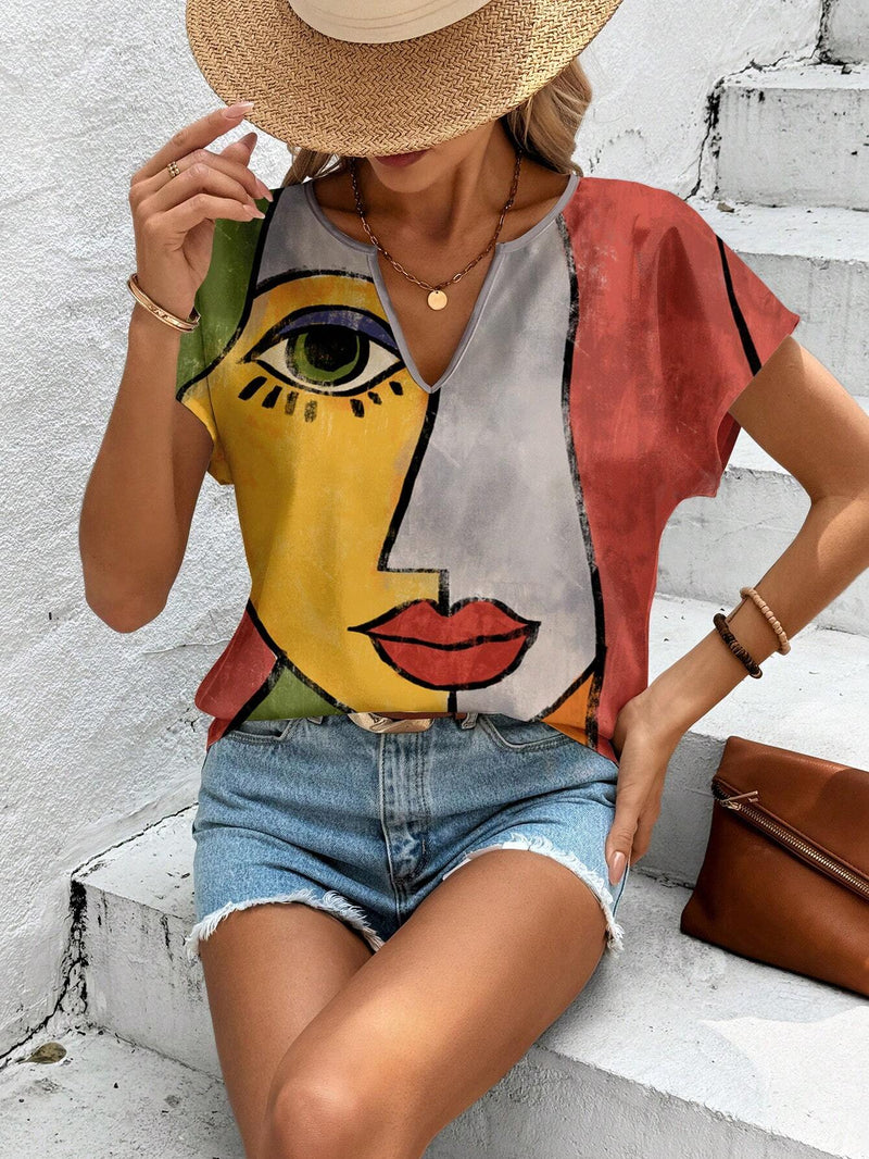 Camisa informal de cuello en V para mujer con estampado completo de retrato, adecuada para el verano