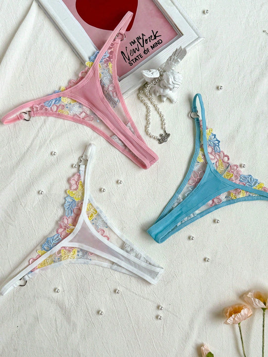3 piezas conjunto de tangas sexys de tiro bajo bordados dulces