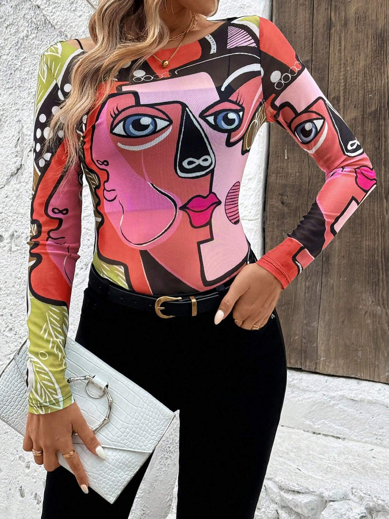 LUNE Top de malla con mangas largas para mujer con estampado de figuras abstractas a la moda