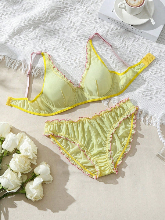 Conjunto de ropa interior de mujer de malla de encaje con diseno de empalme