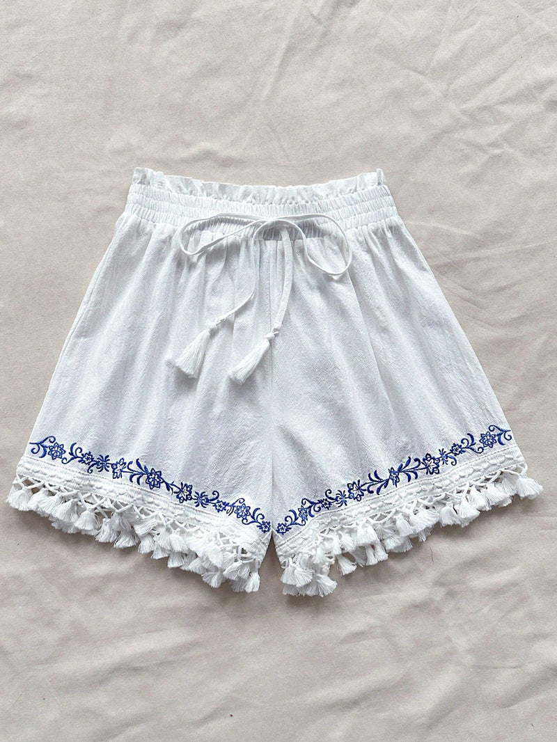 WYWH Shorts A-Line blanco para mujer WYWH con parches de borlas blancas y bordado azul ideal para vacaciones