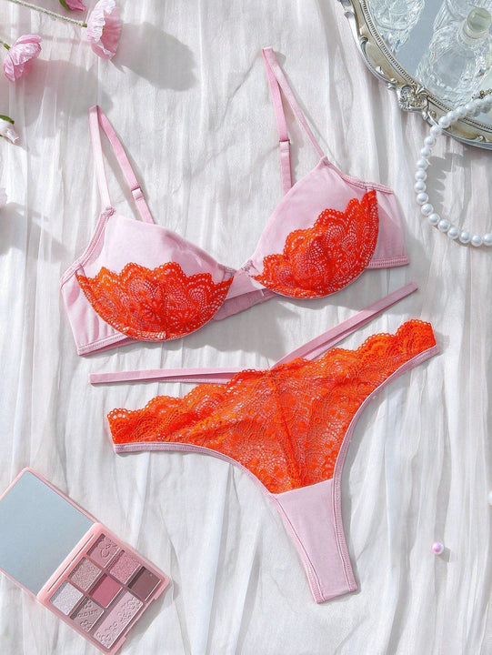 Eraneu Conjunto de lenceria de encaje y malla de colores contrastantes para mujeres