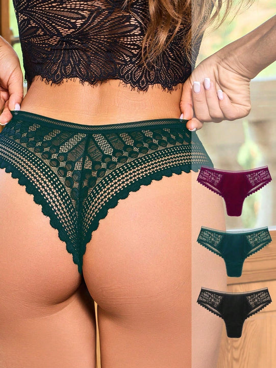 3 piezas/set tanga sexy de cintura baja con encaje calado en contraste ropa interior