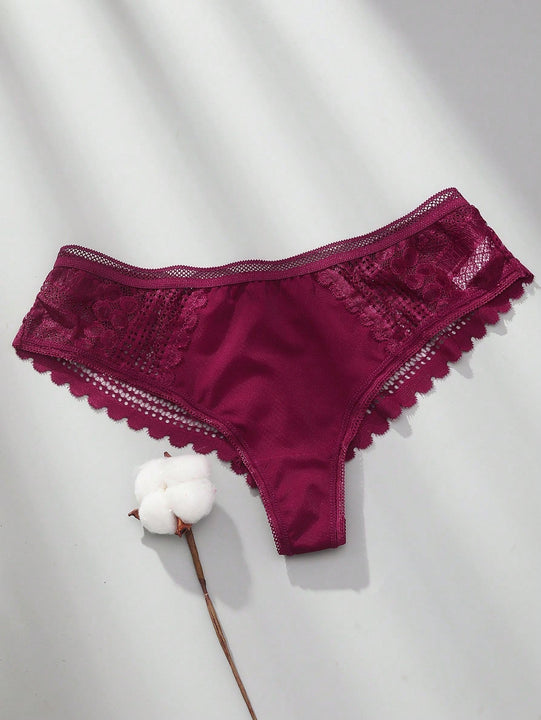 3 piezas/set tanga sexy de cintura baja con encaje calado en contraste ropa interior