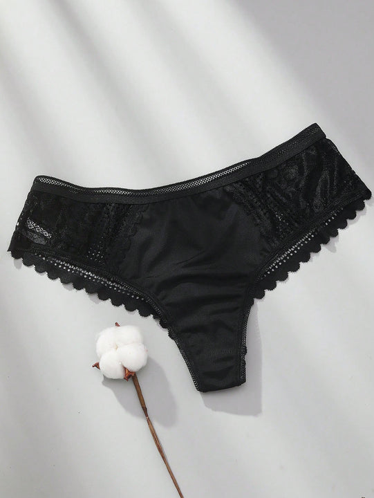 3 piezas/set tanga sexy de cintura baja con encaje calado en contraste ropa interior