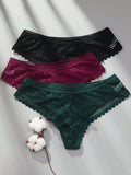 3 piezas/set tanga sexy de cintura baja con encaje calado en contraste ropa interior