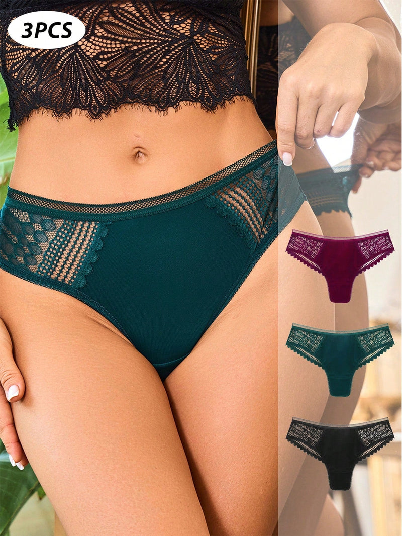 3 piezas/set tanga sexy de cintura baja con encaje calado en contraste ropa interior