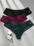 3 piezas/set tanga sexy de cintura baja con encaje calado en contraste ropa interior