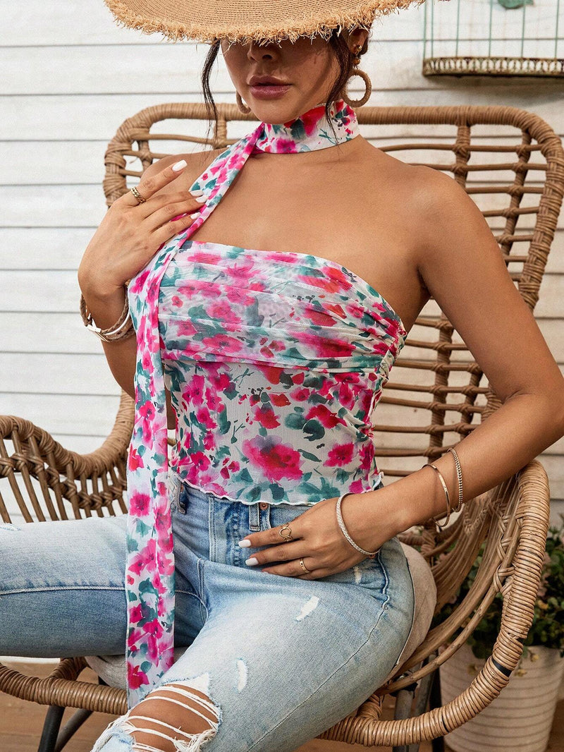 VCAY Top Brasier sin tirantes de malla floral con lazo en el cuello