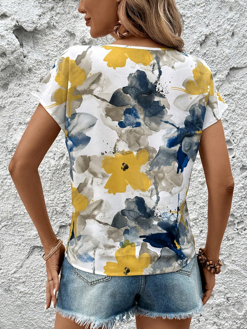 Camisa casual de vacaciones de verano para mujer con cuello redondo en V con estampado floral tenido anudado y de a grande