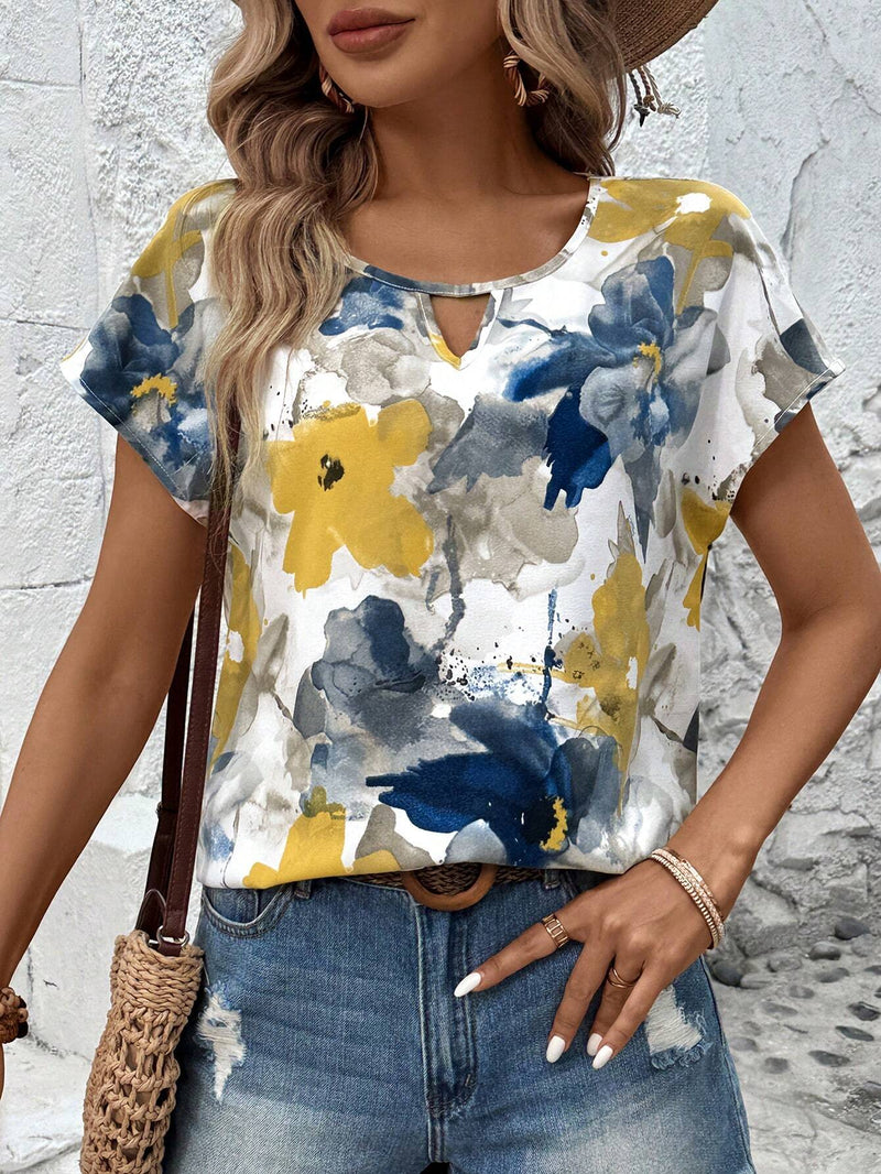 Camisa casual de vacaciones de verano para mujer con cuello redondo en V con estampado floral tenido anudado y de a grande